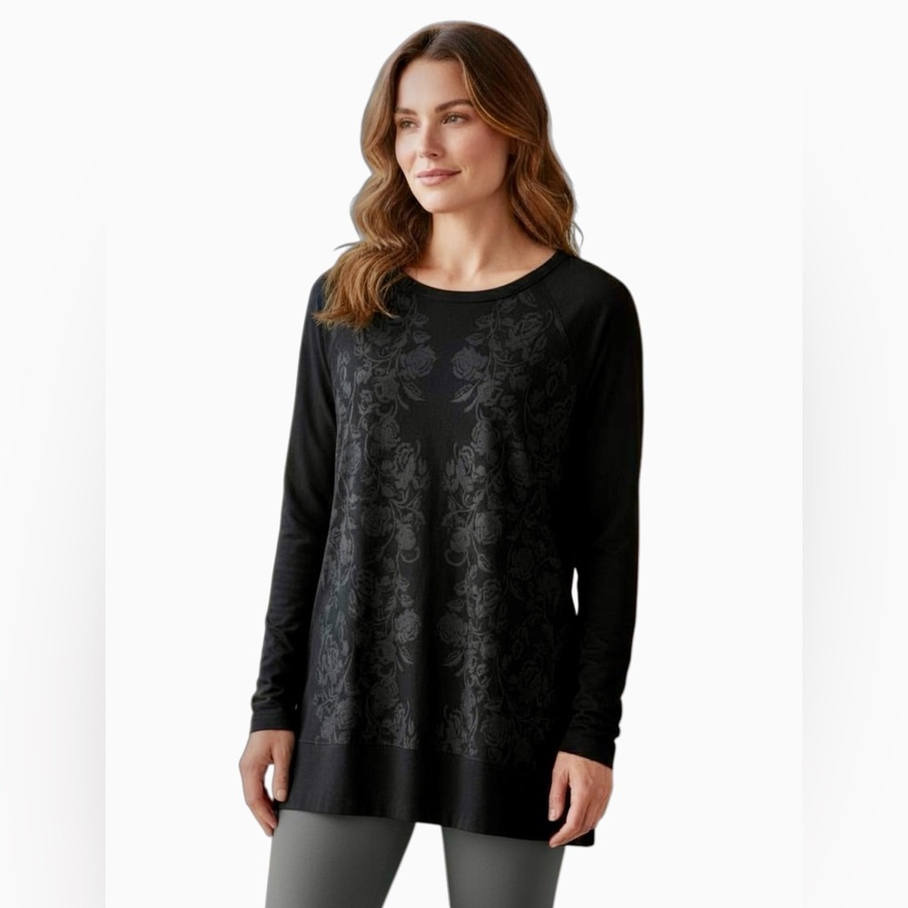 SOMA L Black Gray Brocade Print Luxuriously Soft Lounge Dress Tunic R $89
